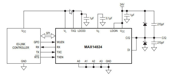 Diagrama de circuito de aplicación - Analog Devices / Maxim Integrated Transceptor maestro Maxim MAX14824 IO-Link®